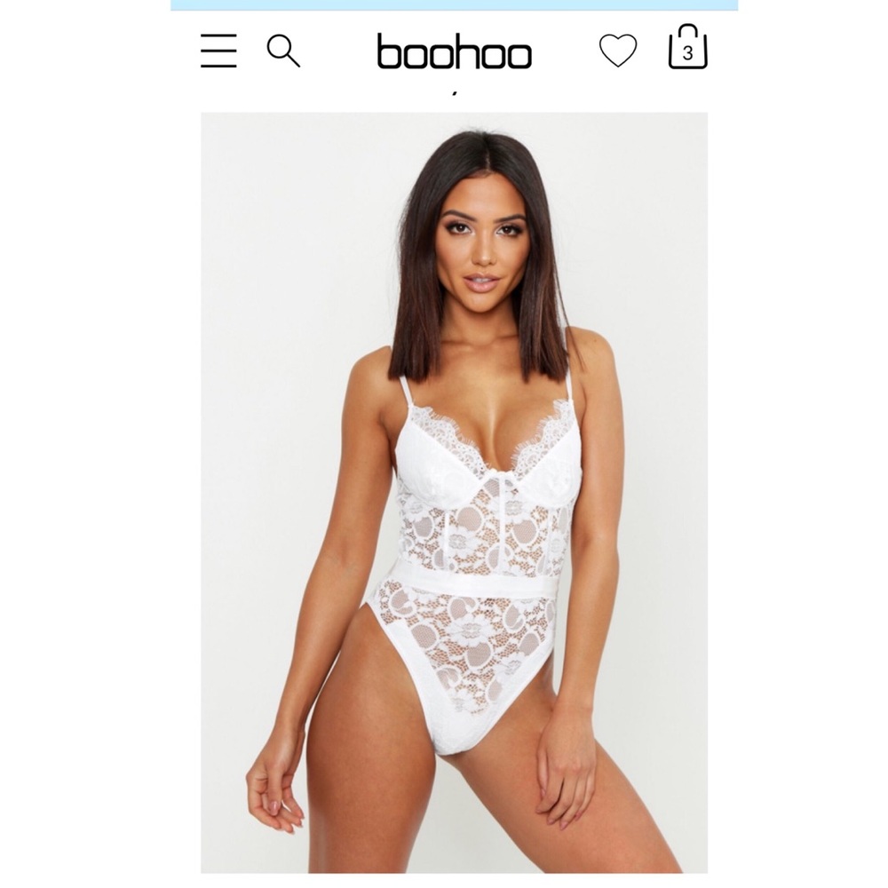 Boohoo White Lace Sexy Bodysuit